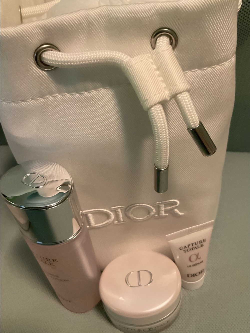 Christian Dior White Embroidered Drawstring Pouch With Skincare new